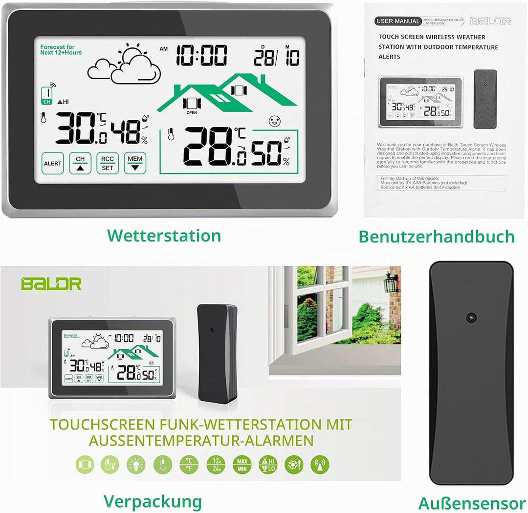 Aussensensor der Wetterstation, Anzeige von Aussentemperatur und Luftfeuchtigkeit, maximale Übertrag