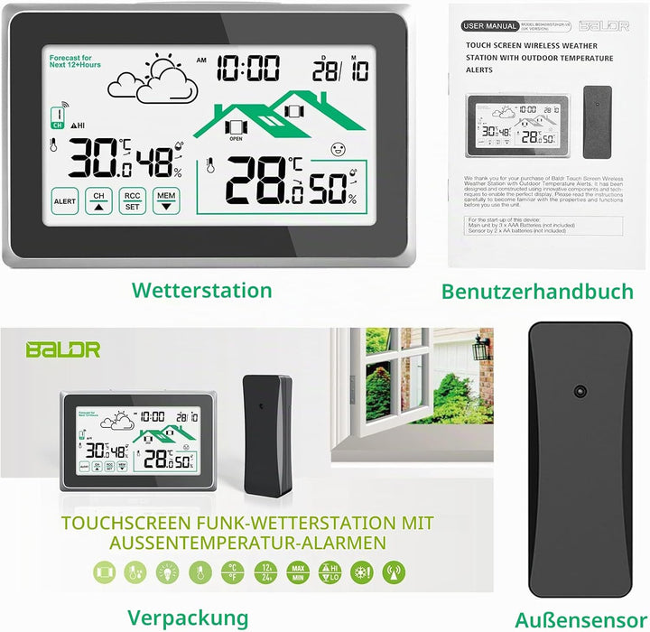 Aussensensor der Wetterstation, Anzeige von Aussentemperatur und Luftfeuchtigkeit, maximale Übertrag