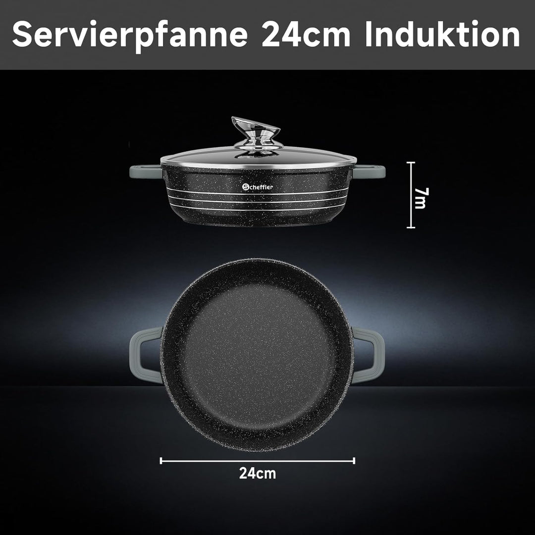 Scheffler Servierpfanne Induktion, 24 x 7 cm Schmorpfanneaus Aluminiumguss, Pfanne Bratpfanne mit Ma