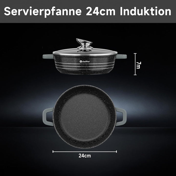 Scheffler Servierpfanne Induktion, 24 x 7 cm Schmorpfanneaus Aluminiumguss, Pfanne Bratpfanne mit Ma
