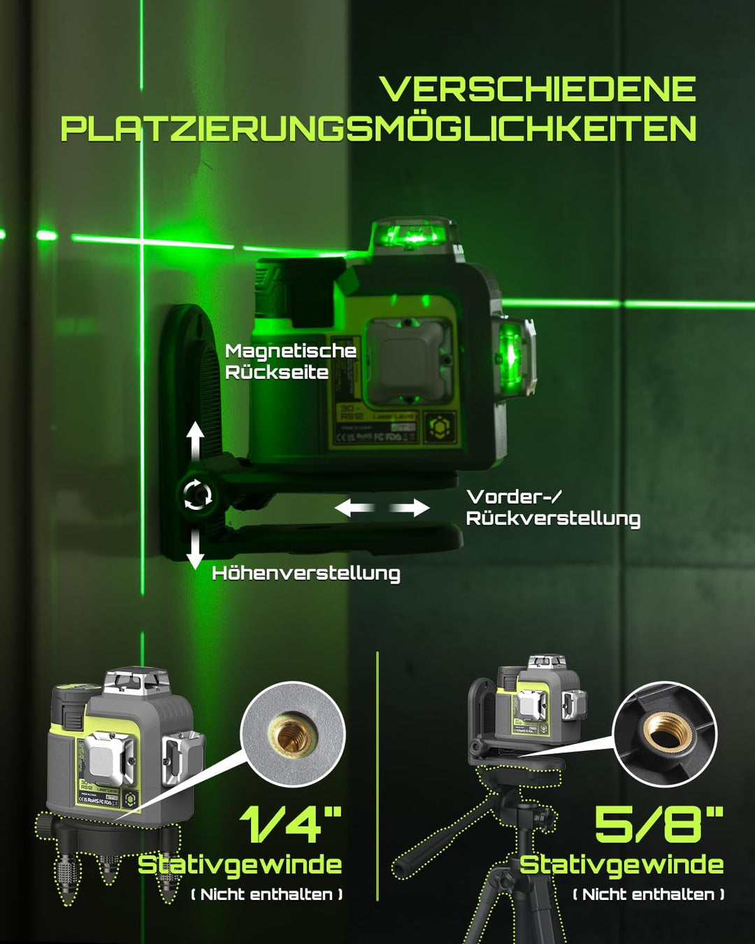 LasGoo 3D-RS12 Laser-Nivelliergerät: 3x360° grüner Strahl, selbstnivellierend, ideal für Bau und Bil