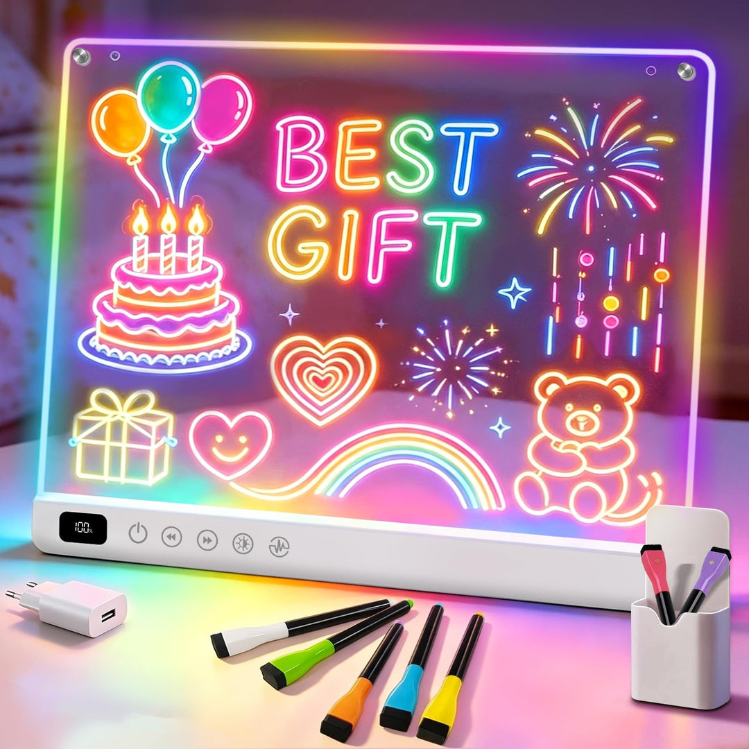 Cosmody LED Zeichenbrett für Kinder mit Ein/Aus-Schalter, Acryl Weiss 1*Zeichentafel, Weiss 1*Zeiche