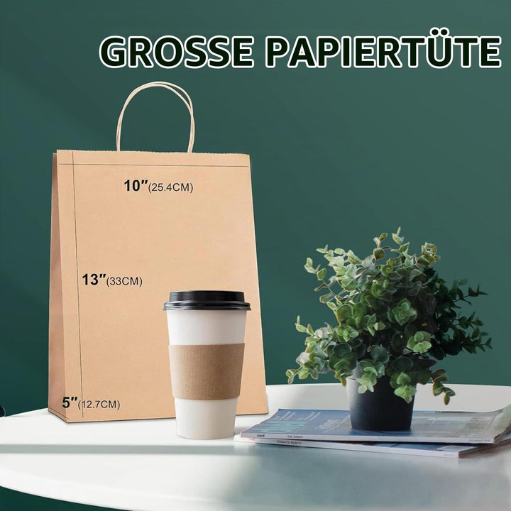 Switory 100 Stk Papiertüten - 25,4 x 12,7 x 33 CM Geschenktüten Klein Braun Kraftpapiertüte mit Henk