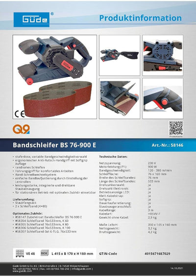 Güde 58146 BS 76-900 E Bandschleifer (230V, 76x160mm Schleiffläche, Band-Schnellwechselsystem, Einst