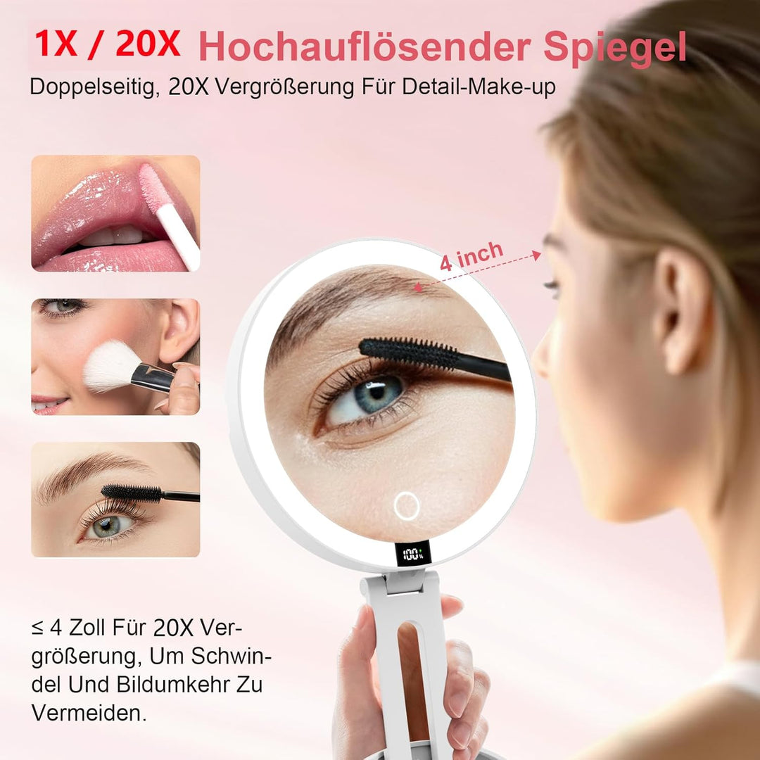SURFOU Kosmetikspiegel mit Beleuchtung, Wiederaufladbar & Faltbar, 3 Farben Dimmbar - Doppelseitig: