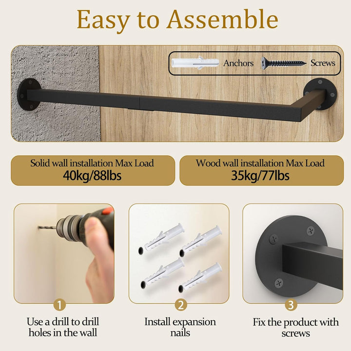 Yawinhe Industrierohr Kleiderstangen für die Wand, Garderobenstange L-Form, Abnehmbare Kleiderstände