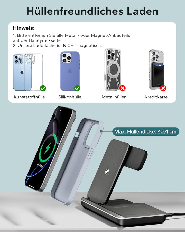 3 In 1 Ladestation für Apple Watch und iPhone, Faltbar 15W Schnelles Apple Ladestation Ladegerät für