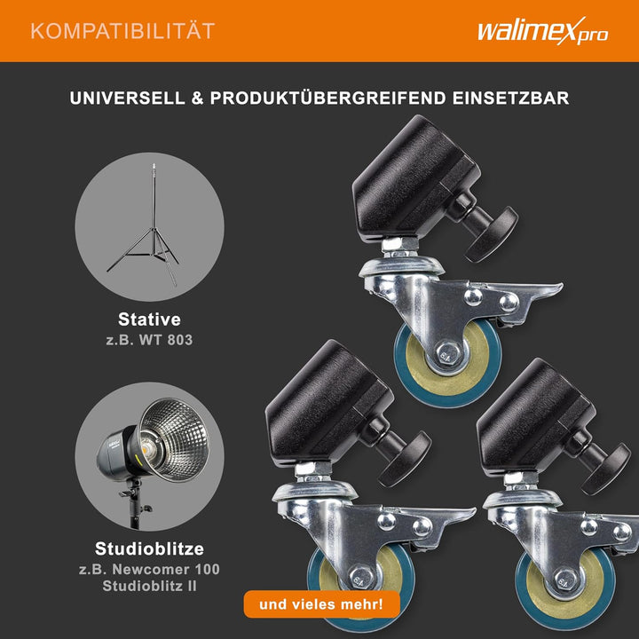 Walimex pro Stativrollen Pro 3er-Set – Stativrollen, Lenkrollen, Vollmetall, Rollen 50mm Ø, mit Gumm