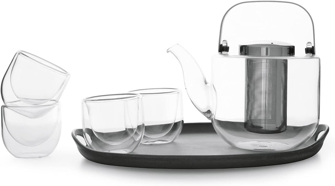 VIVA Scandinavia Teekanne mit Siebeinsatz, Glas Teekocher im Set mit 4 kleinen Tee-Tassen aus Borosi