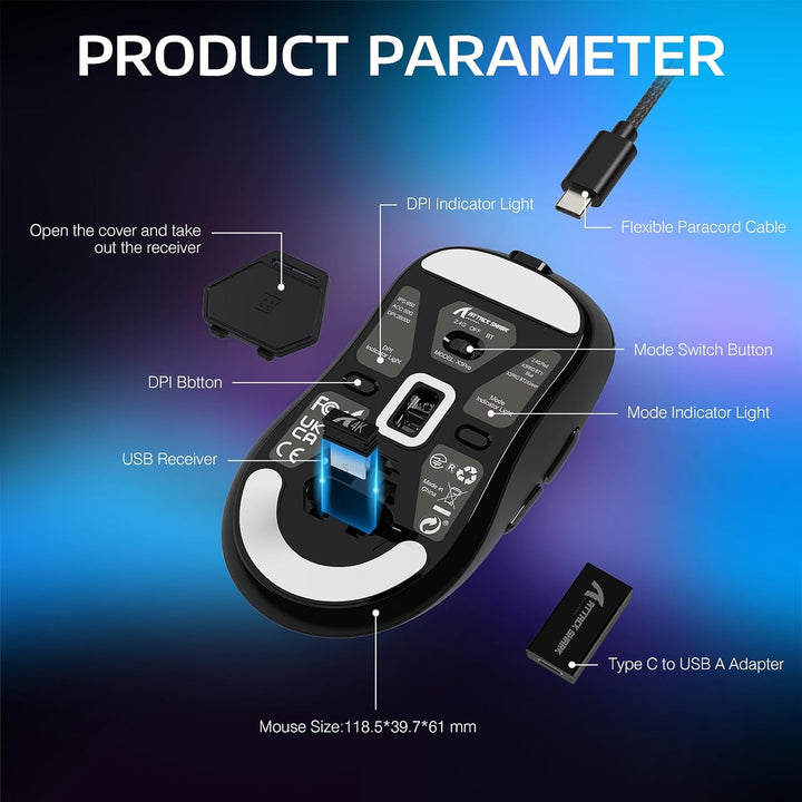 VGN GAME POWER ATTACK SHARK X3PRO 59g SUPERLIGHT Kabellose Gaming-Maus Esports, 4K/8KHz Abfragerate,