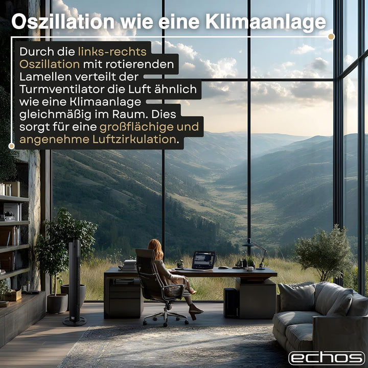 Echos® Turmventilator Leise mit Fernbedienung & Kühlung 75W – Standventilator mit 6 Geschwindigkeite