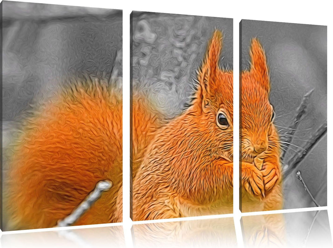 freches Eichhörnchen beim Fressen schwarz/weiss Deluxe 3-Teiler Leinwandbild 120x80 Bild auf Leinwan