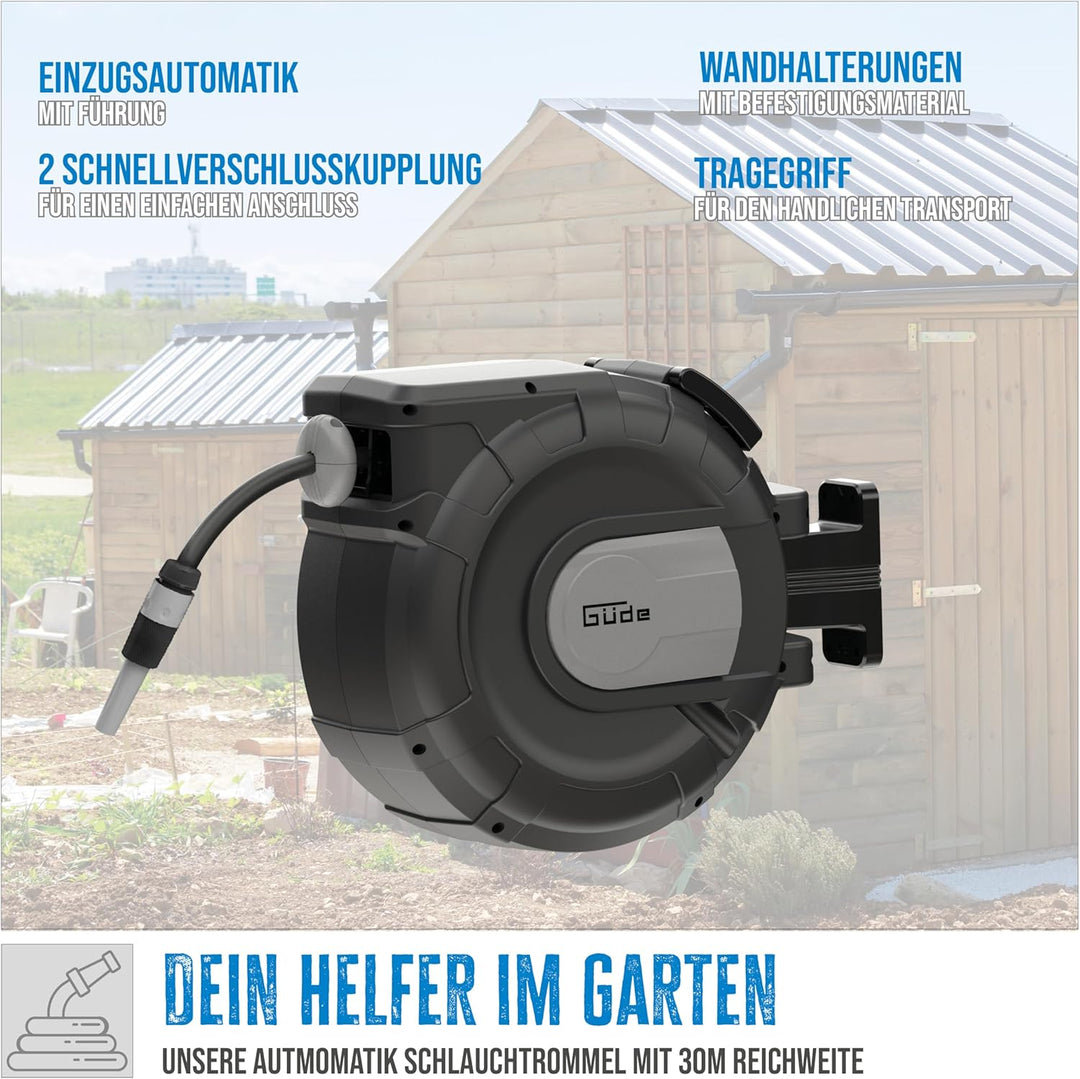 Güde Automatik Schlauchtrommel 30-2-2 1/2 (180° schwenkbar, zur Wandmontage, 30 m Schlauch, Wassersp