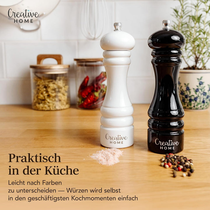 Creative Home Grosse Salz Pfeffermühle Holz | Set von 2 Mühlen Weiss Schwarz mit Mini-Holzschaufel |
