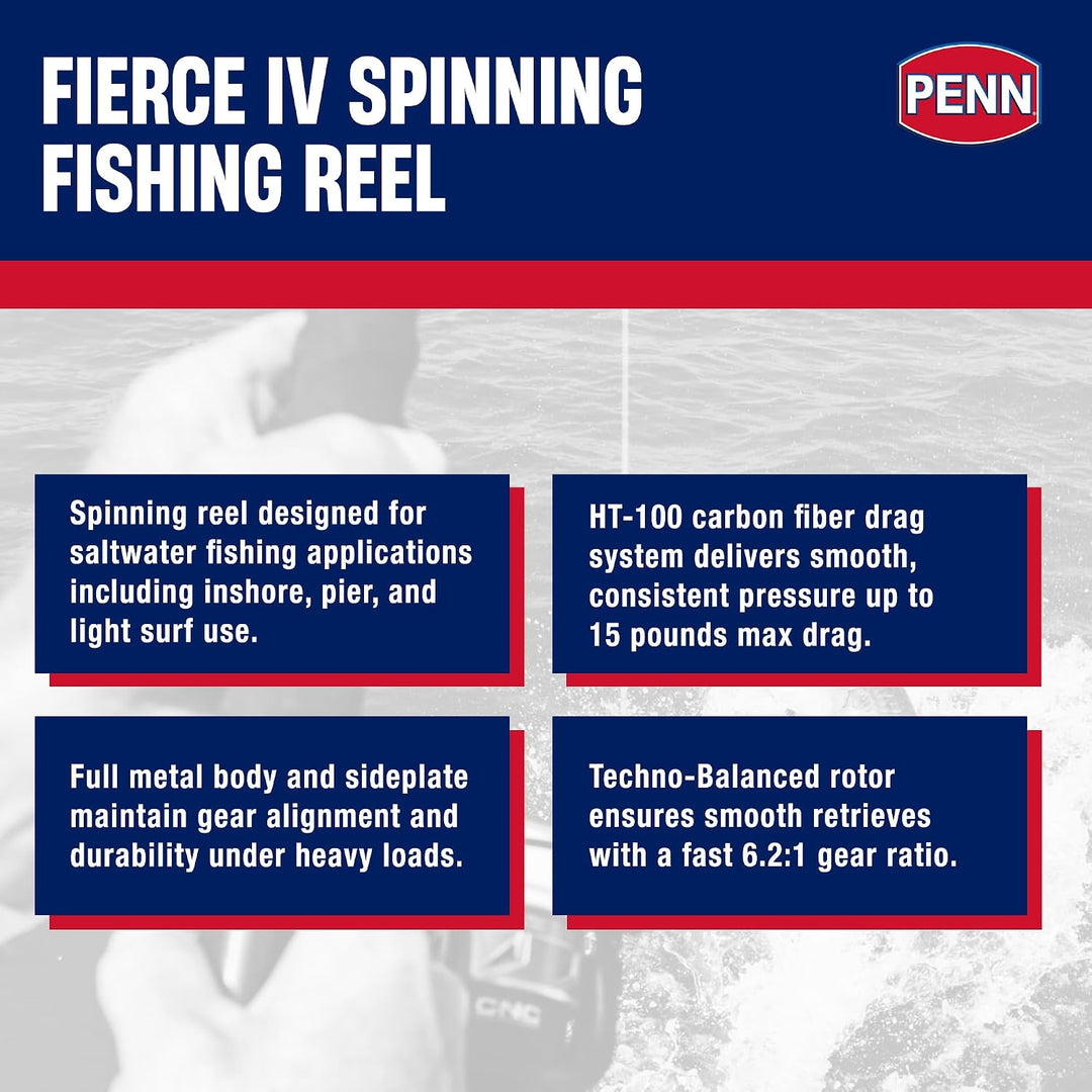 PENN Fierce IV Salzwasser-Spinnrolle – vielseitige Meeresangelrolle für Boot, Kajak, Ufer, Spinning,