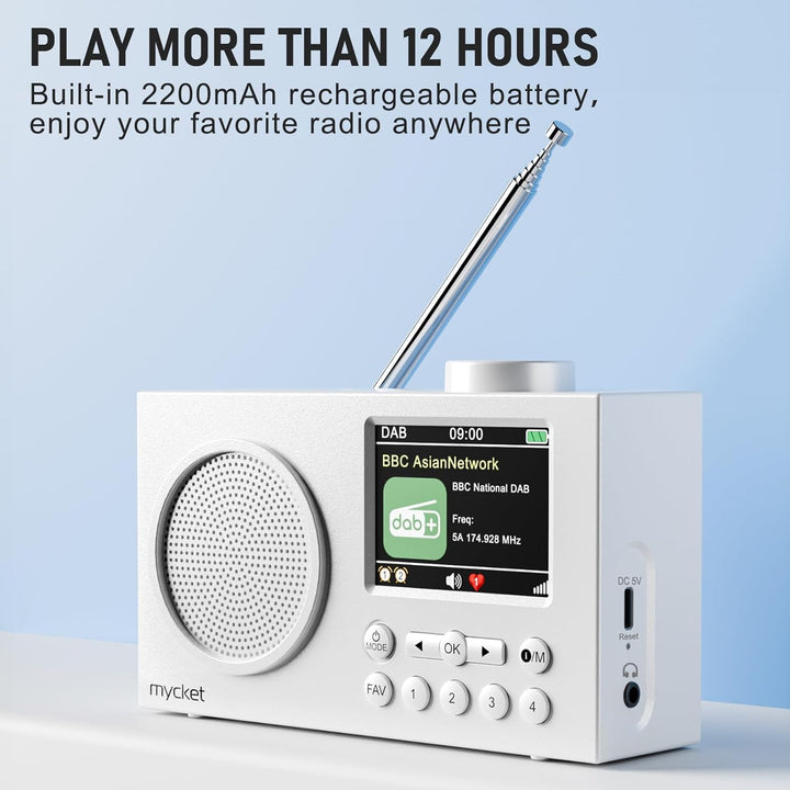 Mycket Portable DAB/DAB+ Radio, FM Digital Radios with Bluetooth, Small Rechargeable Radio, 2.4 Inch