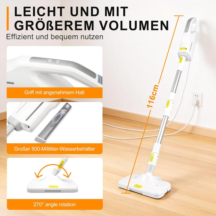 Dampfreiniger 1500W Handgerät mit Abnehmbarem, Multifunktionaler Dampfreiniger & Wischmopp, 500ml Wa