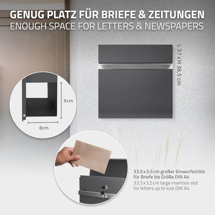 ECD Germany Briefkasten mit Zeitungsfach 37x11x36,5 cm aus Stahl pulverbeschichtet Anthrazit-Grau in