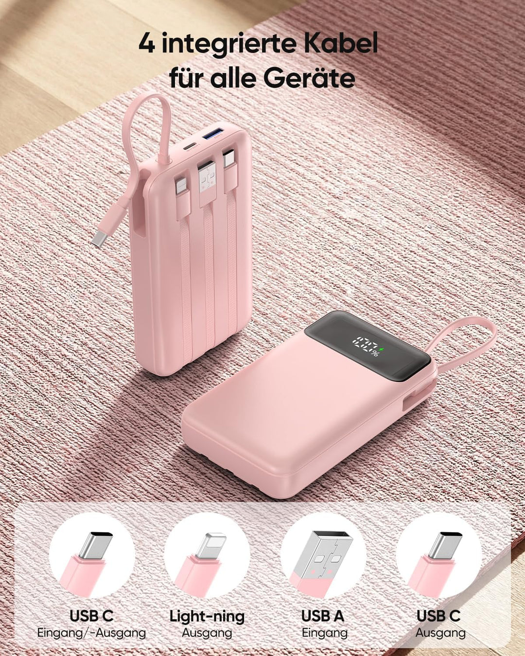 A ADDTOP 20000mAh Power Bank mit 4 integrierten Kabel, Ultra Klein 22.5W Schnellladen Powerbank, PD