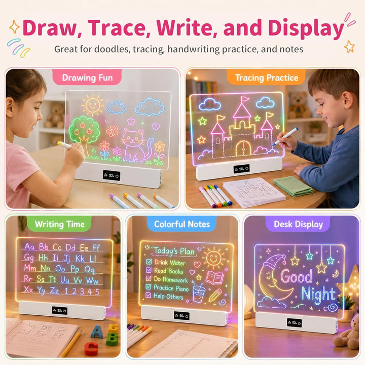 OUTON LED Zeichenbrett Kinder mit 8 Farben & 3 Lichtmodi, Wiederverwendbare Leuchttafel mit 7 Stifte