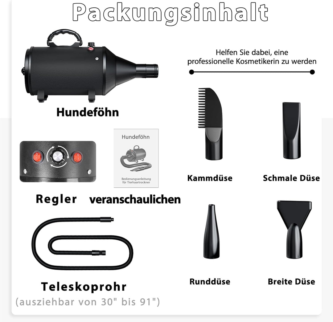 Hundefön Blower Sehr Leise 3000W Einstellbare Geschwindigkeit, Hundepflege-Trockner-Gebläse mit 4 ve