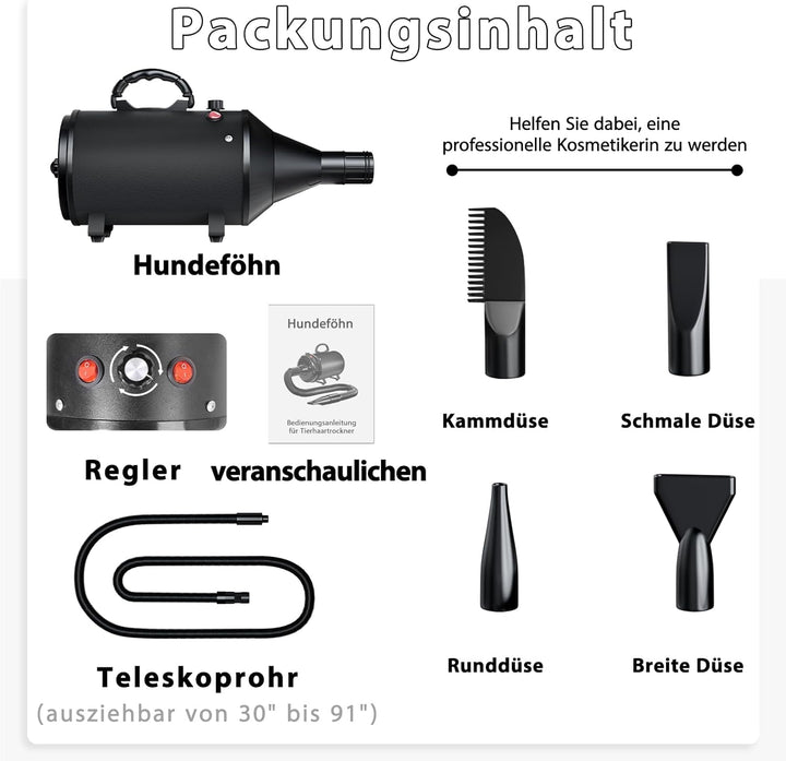 Hundefön Blower Sehr Leise 3000W Einstellbare Geschwindigkeit, Hundepflege-Trockner-Gebläse mit 4 ve