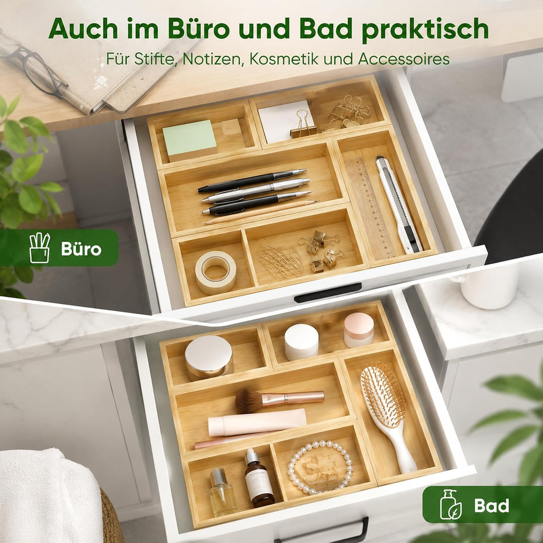 Schubladen Organizer aus Naturbambus 5er Set | Stapelbar, Aufbewahrungsbox Holz, Schreibtisch Organi