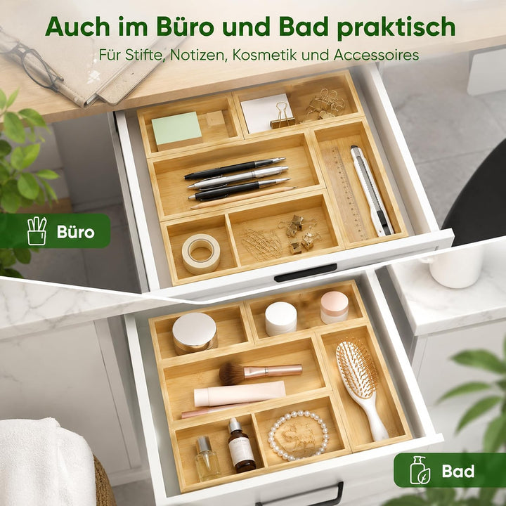 Schubladen Organizer aus Naturbambus 5er Set | Stapelbar, Aufbewahrungsbox Holz, Schreibtisch Organi