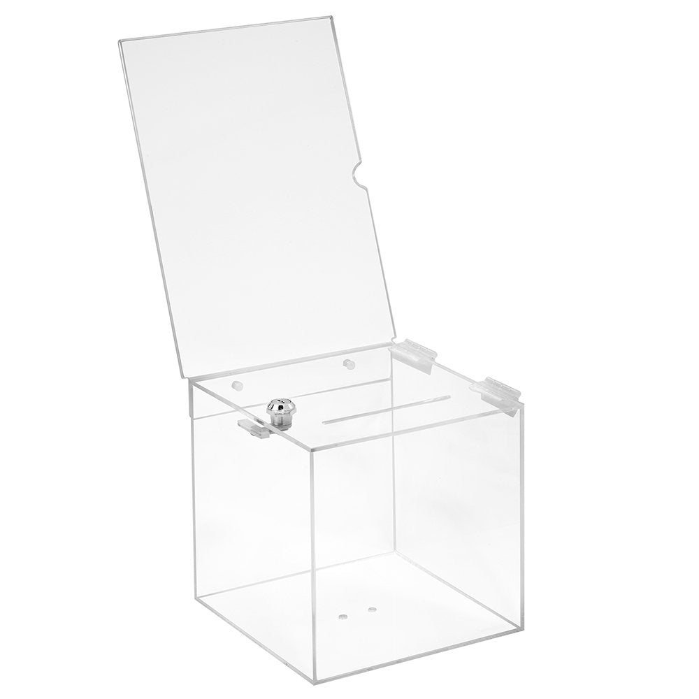 Losbox aus Acrylglas in 200x200x200mm mit Schloss und Topschild DIN A4 Hoch - Zeigis® / Spendenbox/A