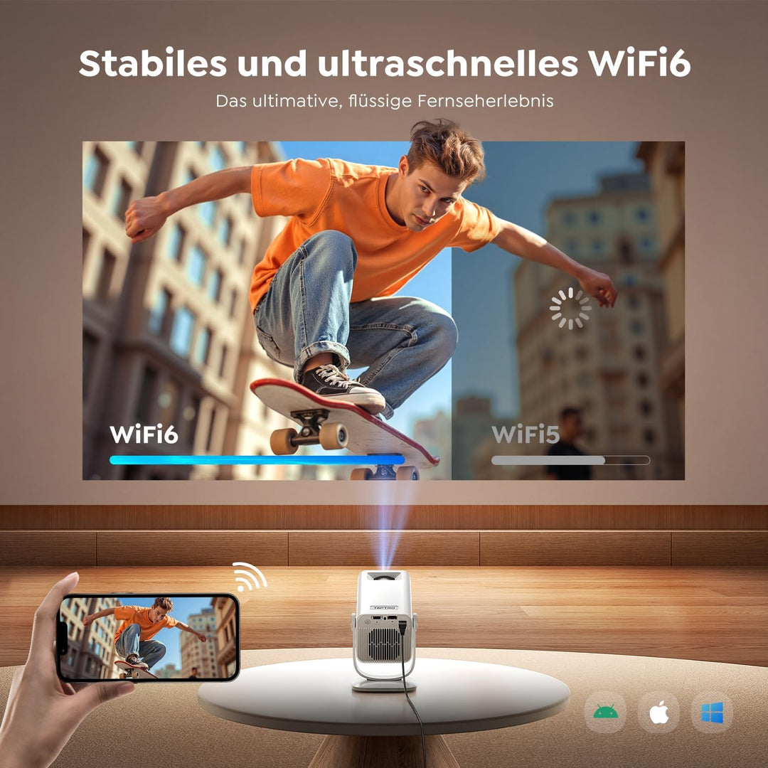 Mini Beamer 4K Unterstützt [Android 14 &amp; App Steuerung] WiFi 6 BT 5.4 | 270° Dreh Smart Beamer Klein
