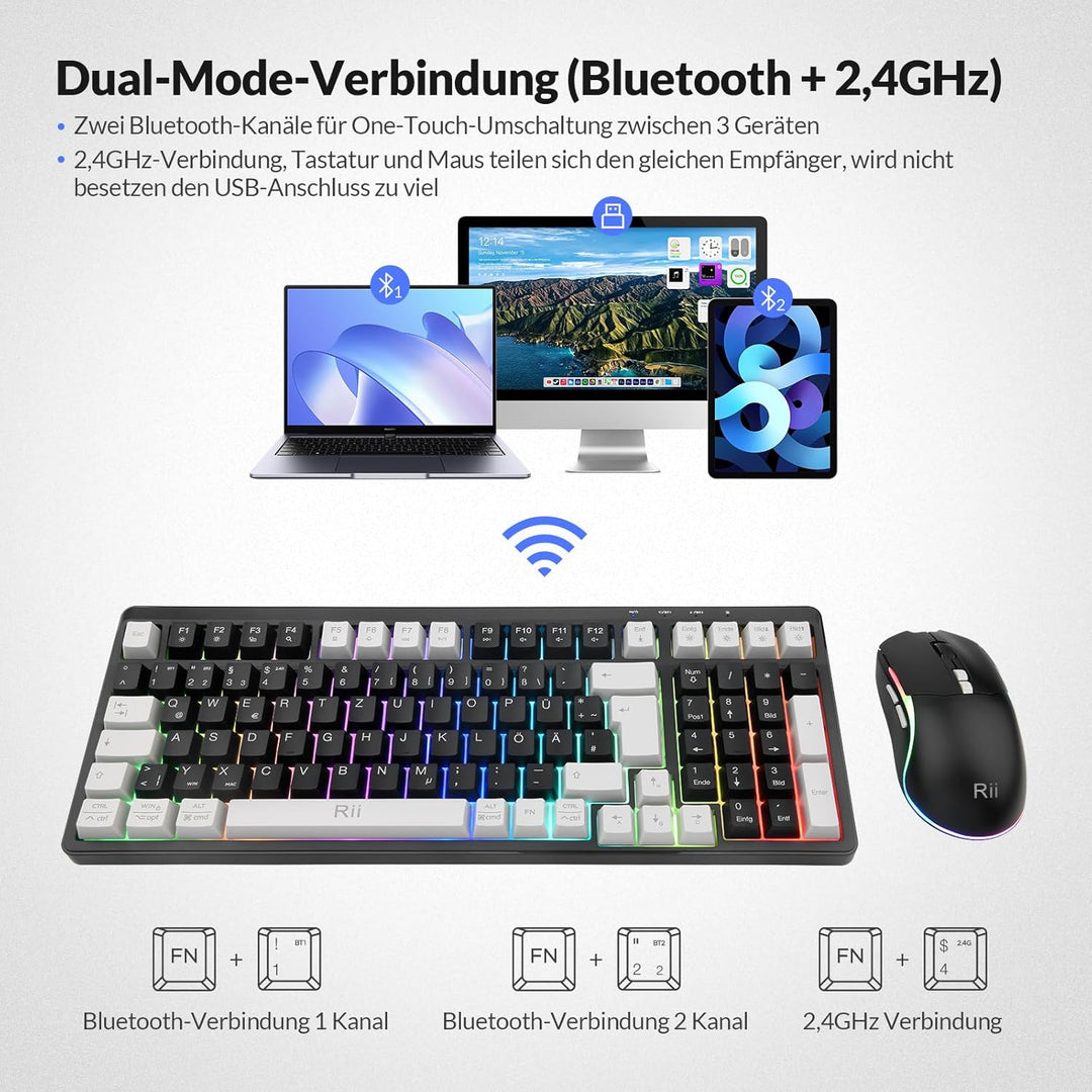 Rii Maus und Tastatur Kabellos Gaming, Tastatur Maus Set, Bluetooth + 2,4GHz Verbindung, LED-Hinterg