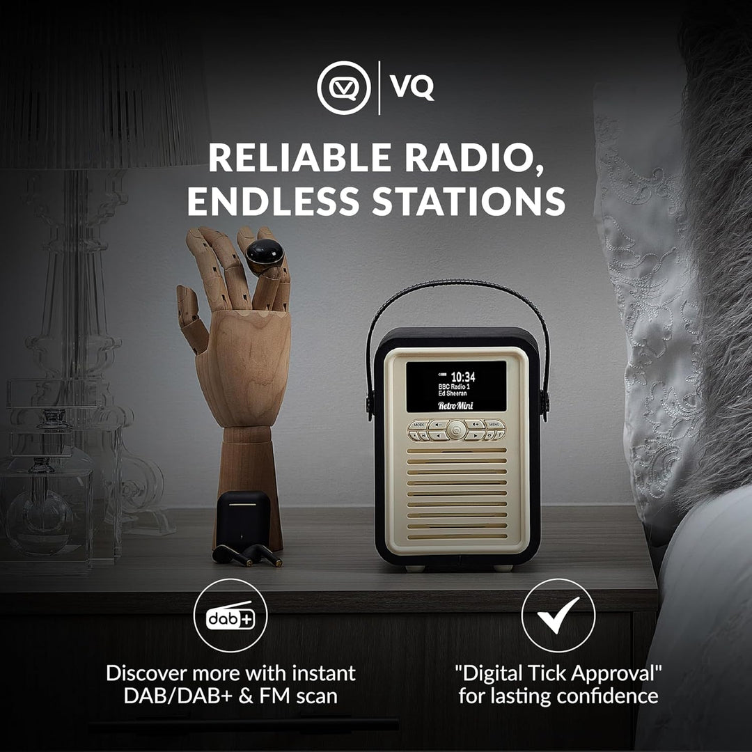 VQ Retro Mini Tragbares Radio mit Bluetooth-Lautsprecher und 60 Voreinstellungen. Enthält ein DAB-Ra