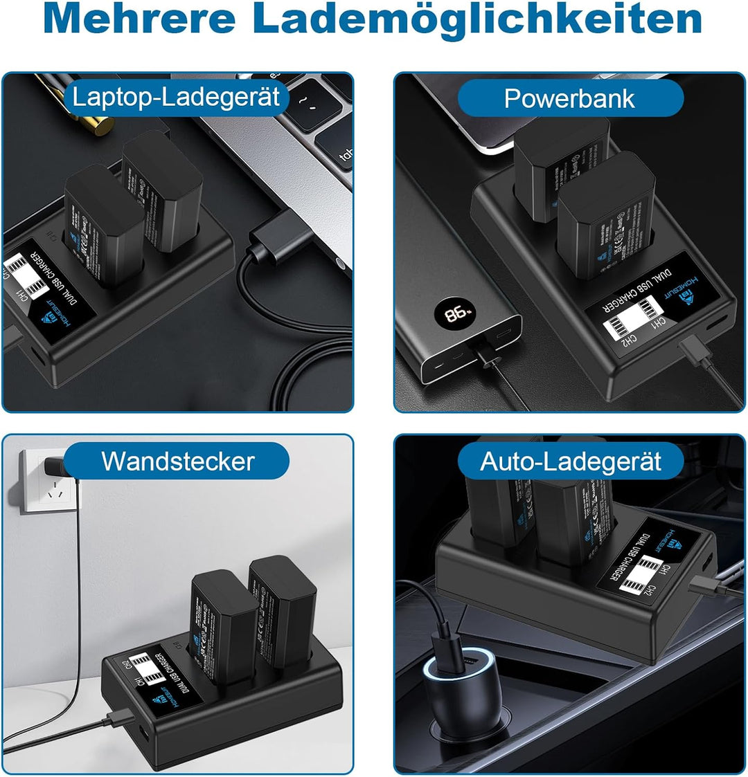 Homesuit NP-FW50 Akku 1300mAh und USB LCD Ladegerät Kit für Sony ZV-E10 A6000 A6300 A6400 A6500 A510