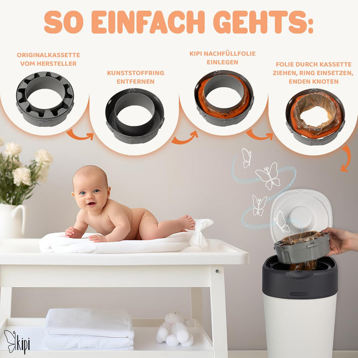 Kipi XXL Nachfüllfolie für Windeleimer - 12 Stück, Passend für Runde und Achteckige Nachfüllkassette