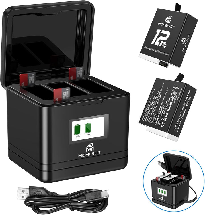 Homesuit Hero 12 11 10 9 Akku Enduro 1800mAh und 3-Kanal LCD USB Ladegerät 2er-Pack (HERO12Black/HER