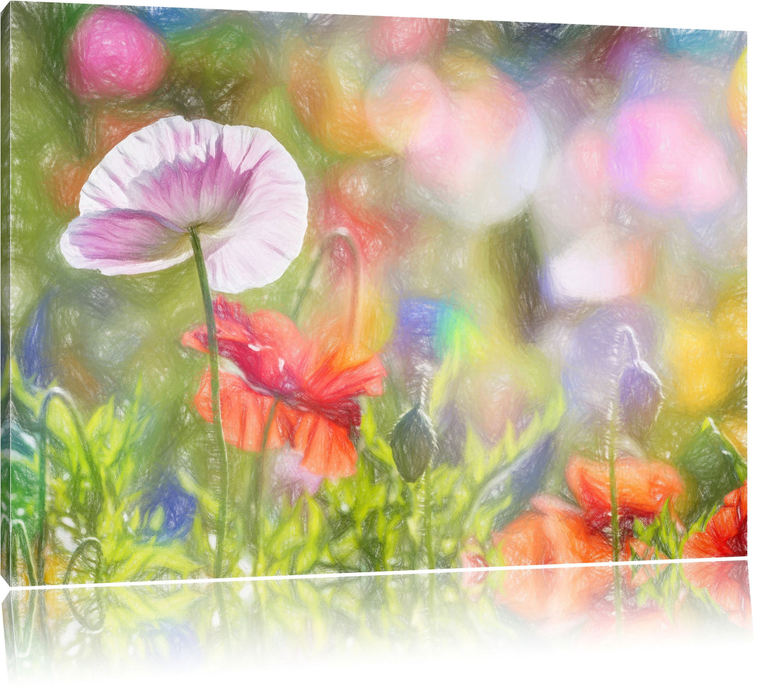 Pixxprint Kalifornischer Mohn im Frühling Kunst Buntstift Effekt, Format: 100x70 auf Leinwand, 100x7
