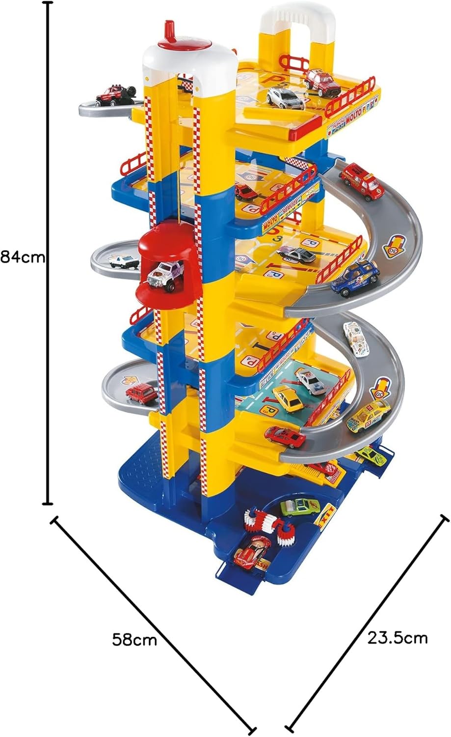 MOLTO | 6 Stockwerke Parkhaus für Kinder mit Garage, Rampen, Leinen, Aufzug, Tankstelle und Bohrung