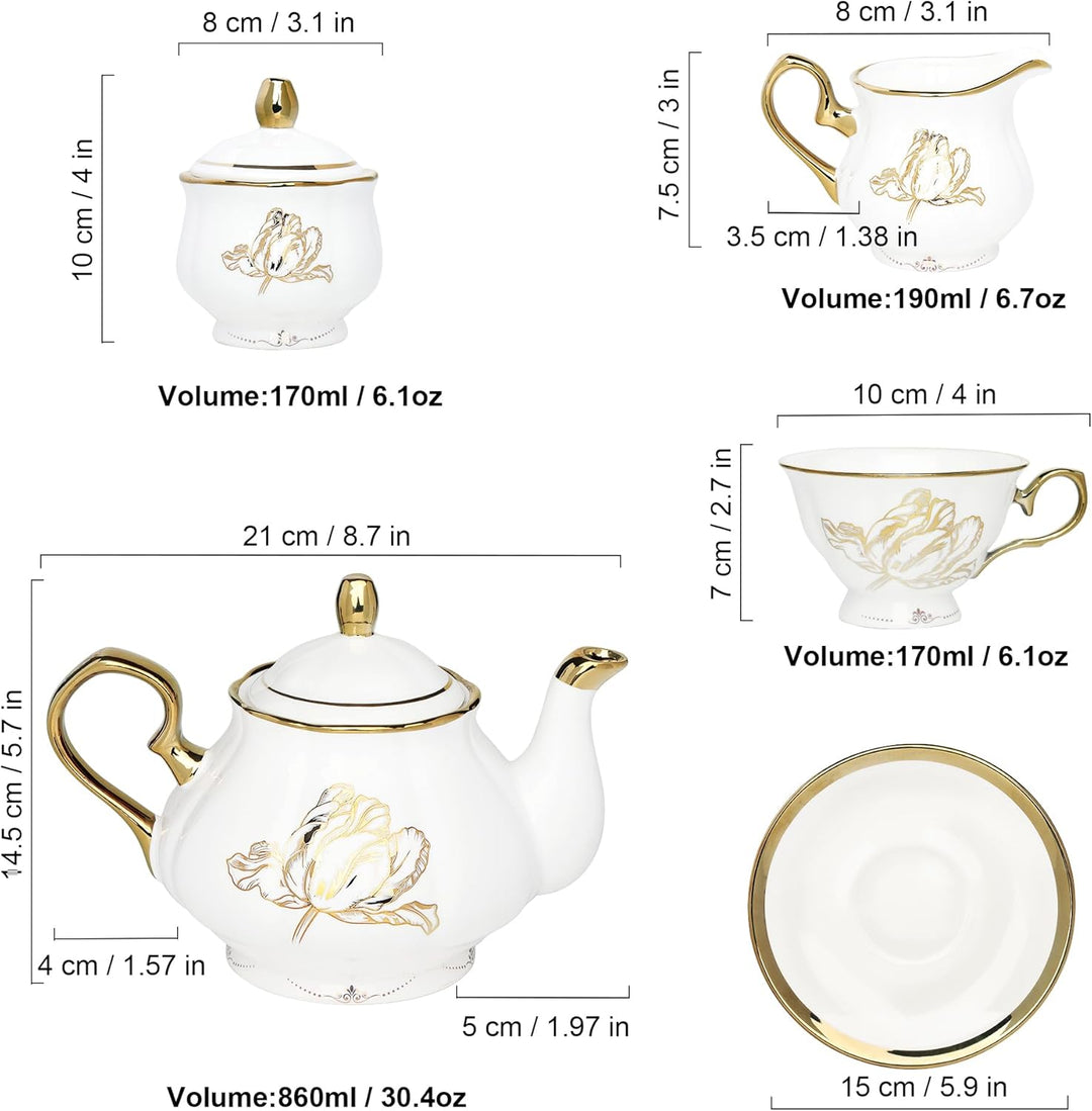 fanquare 21 Stück Britisch Vintage Porzellan Teeservice, Gold Florales Teeservice mit Goldrand, Kaff