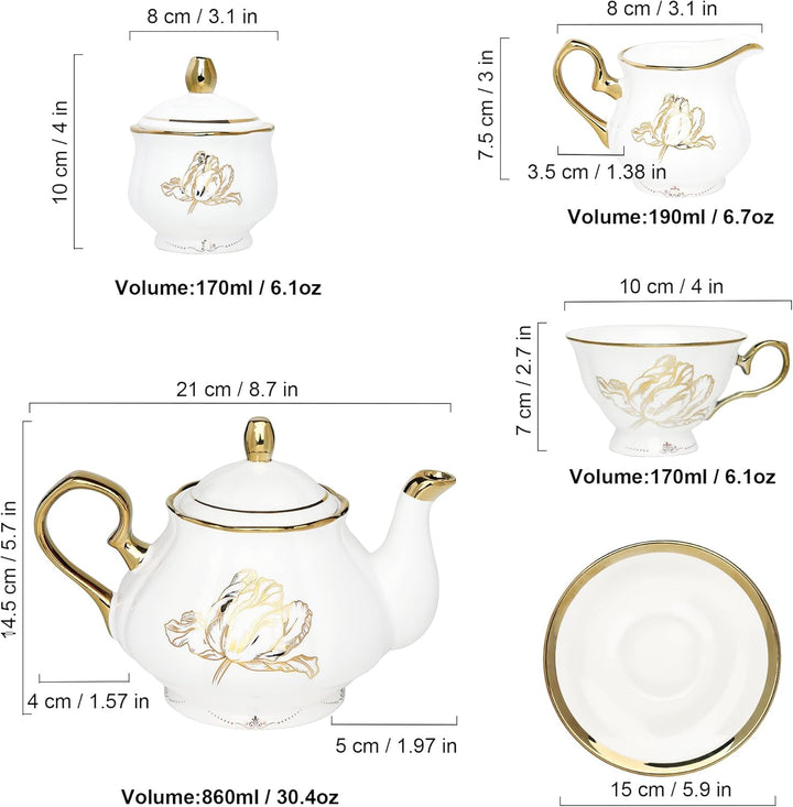 fanquare 21 Stück Britisch Vintage Porzellan Teeservice, Gold Florales Teeservice mit Goldrand, Kaff