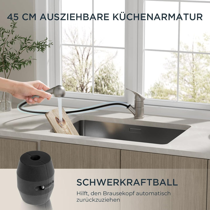 FORIOUS Wasserhahn Küche, Edelstahl Spültischarmatur mit Brause, Einhebelmischer Küchenarmatur, 360°