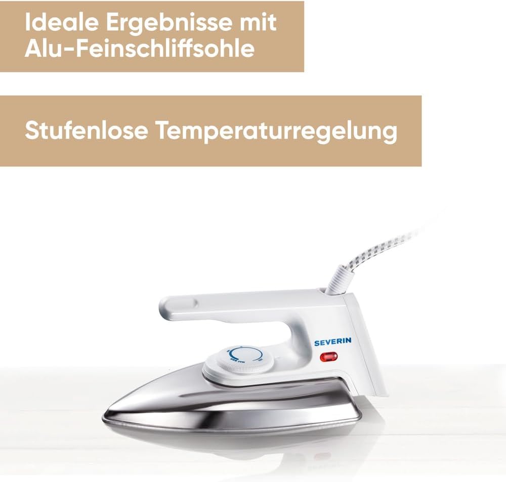 SEVERIN Hand Bügeleisen, Bügeleisen ohne Dampf mit Alu-Feinschliffsohle & stufenloser Temperaturrege