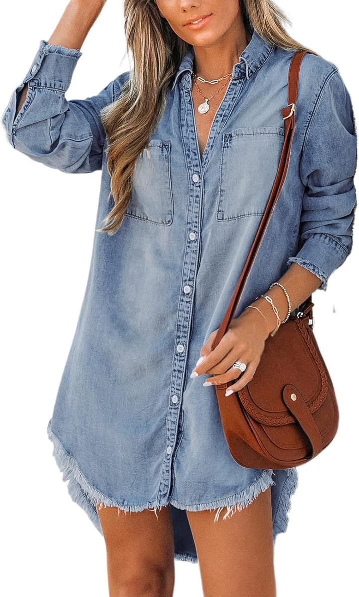 CUPSHE Damen Jeanshemd V Ausschnitt Knopfleiste Brusttaschen Asymmetrisch Jeansbluse Hemdblusen Deni