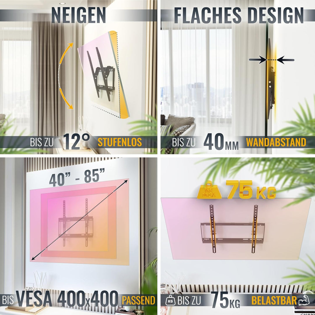 RICOO N1944 TV Wandhalterung Fernseher 40-85 Zoll TV Halterung Flach Ultra Slim bis 75 kg VESA 200x2