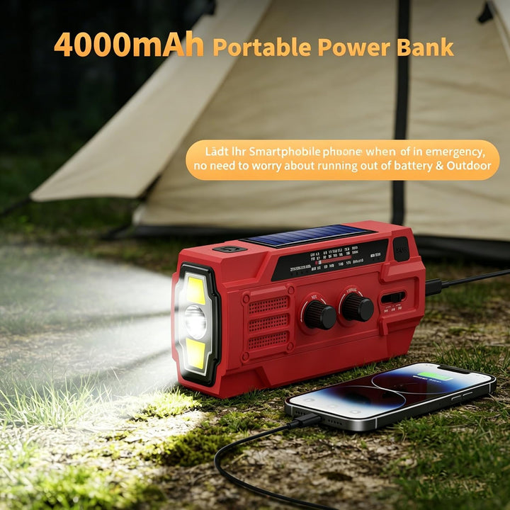 Kurbelradio 4000mAh Notfallradio mit Solar, Bewegungsempfindlicher Radio mit kurbel AM/FM/SW,LED-Tas