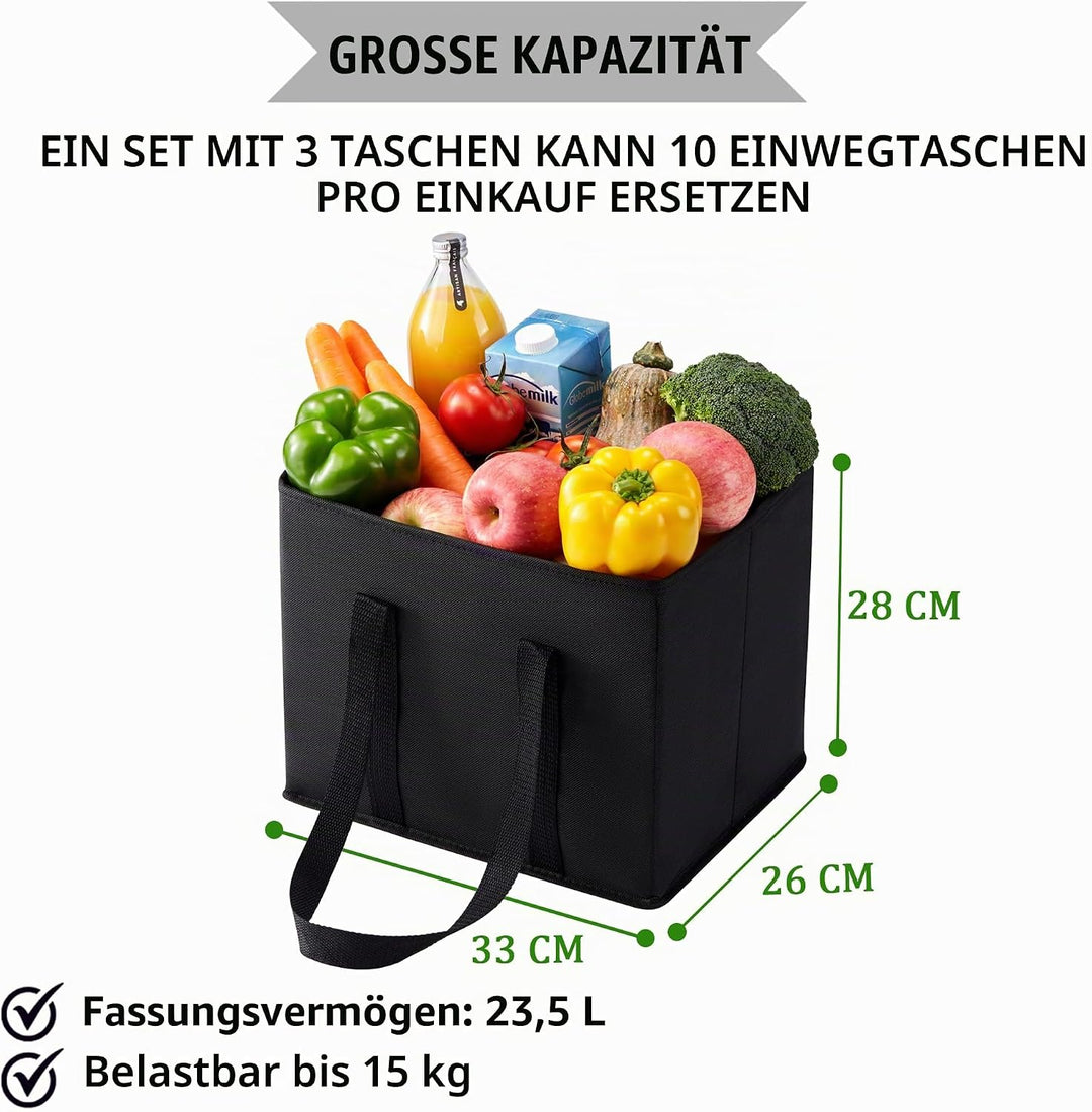 VENO 3-er Pack wiederverwendbare Einkaufstaschen, Einkaufswagentaschen, Lagerboxen, Kofferraum-Organ