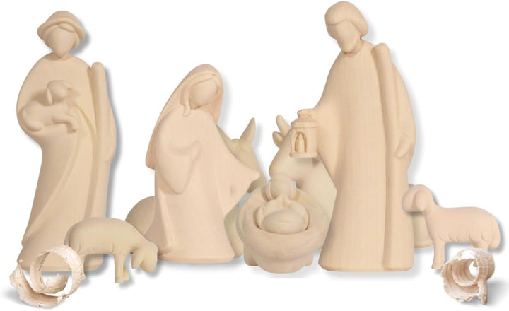 Akantus Leonardo Weihnachtskrippe aus Holz: 8er Set mit Stall HL.Nacht klein (10 cm, Natur) 10 cm Na