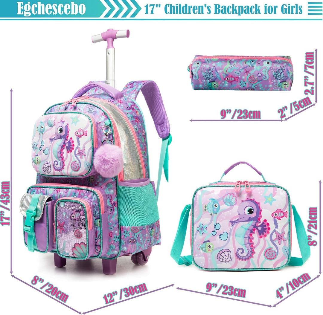 Egchescebo Kinder Rolling Rucksack für Mädchen Seepferdchen Koffer Trolley Roller Gepäck Rucksäcke a