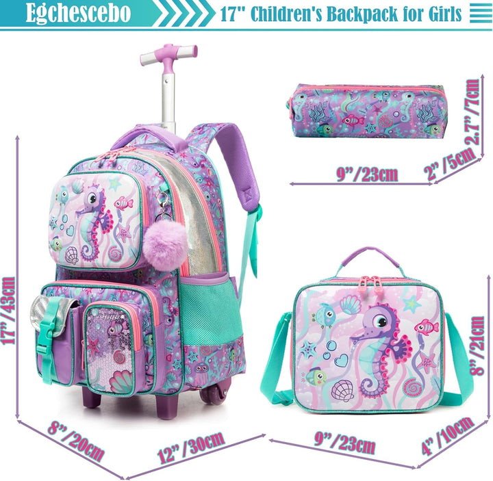Egchescebo Kinder Rolling Rucksack für Mädchen Seepferdchen Koffer Trolley Roller Gepäck Rucksäcke a