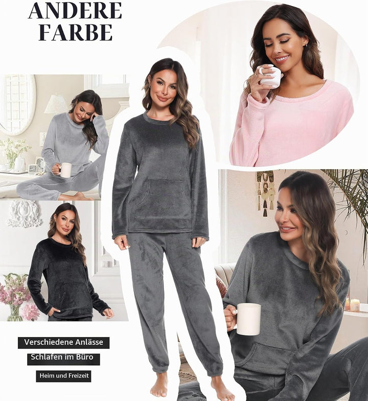 Lovasy Fleece Schlafanzug Damen Lang Winter Warmer Pyjama Set Flauschiger Frottee Schlafanzüge für D