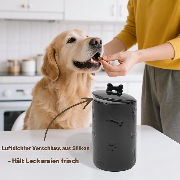 Hunde-Leckerli-Behälter, luftdicht, 22,9 x 12,7 cm, schwarz, grosse Keramik-Dose für Küchentheke, Ke